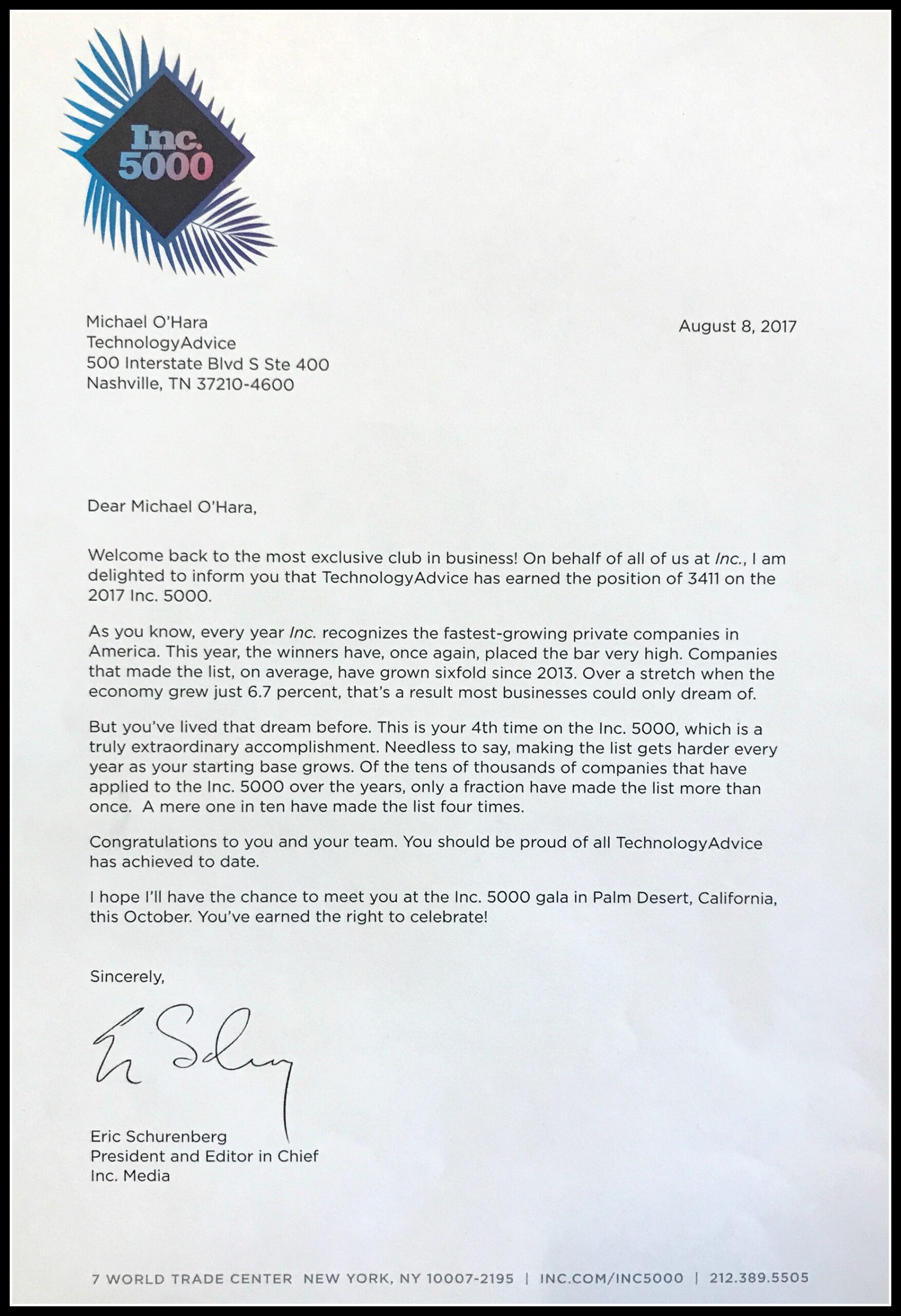 Inc5000 congratulations letter