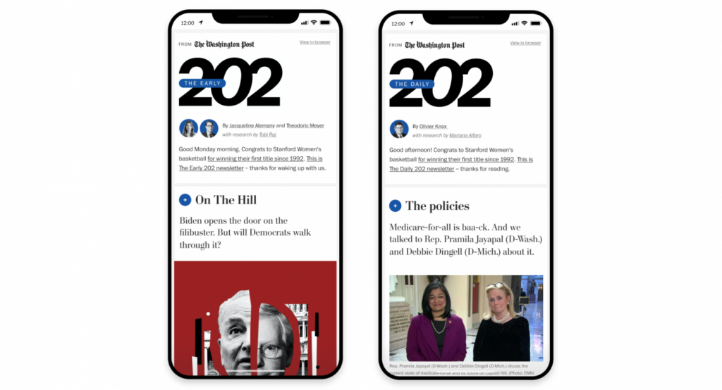 Screenshot of the Washington Post’s newsletter entitled The Early 202.relaunched late 2021 with added features.