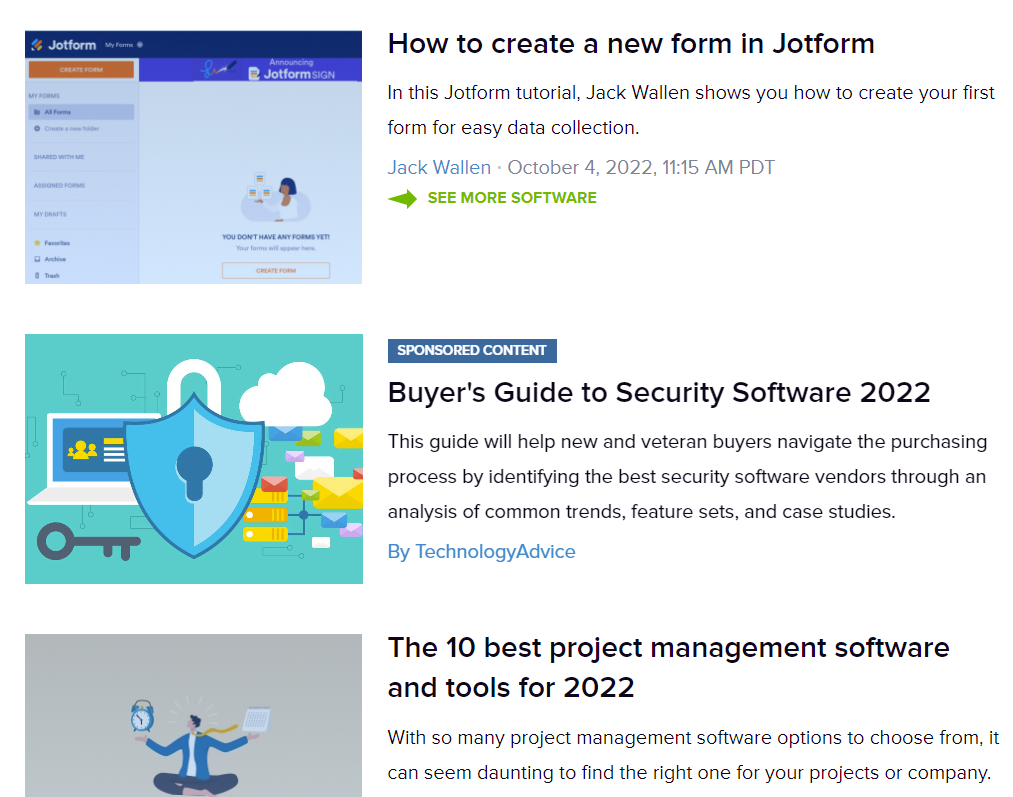 Three stacked article posts on a website. The middle one is a sponsored post.