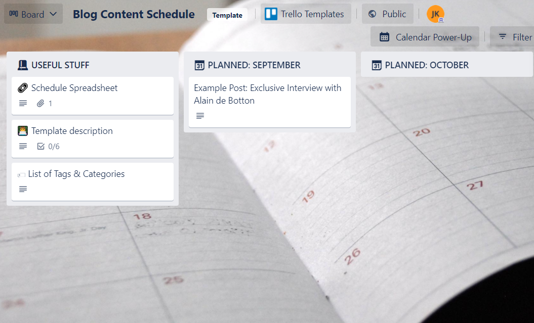 Content Calendar in Trello.