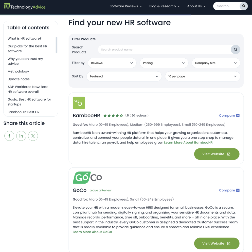 HR category page on technologyadvice.com