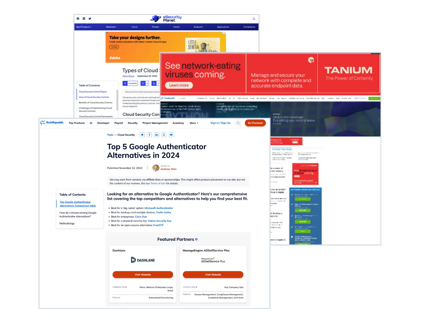 advertising placements for security companies on techrepublic.com and esecurityplanet.com